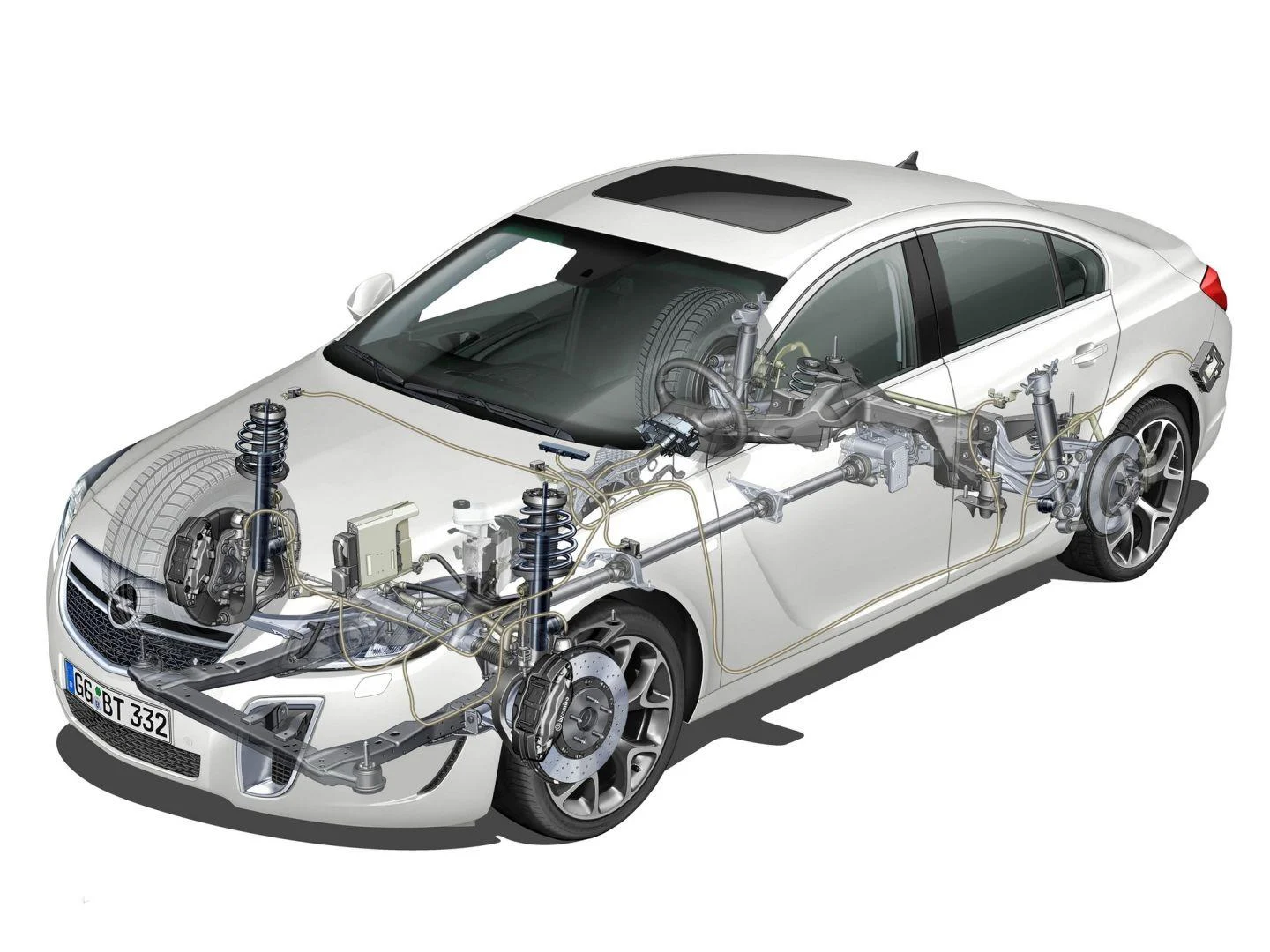 Cutaway illustration showing an Opel sedan’s all-wheel-drive components